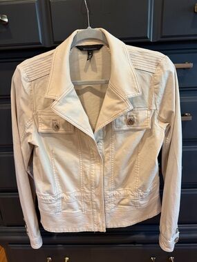 White House Black Market Cream Zip-Front Jean Jacket